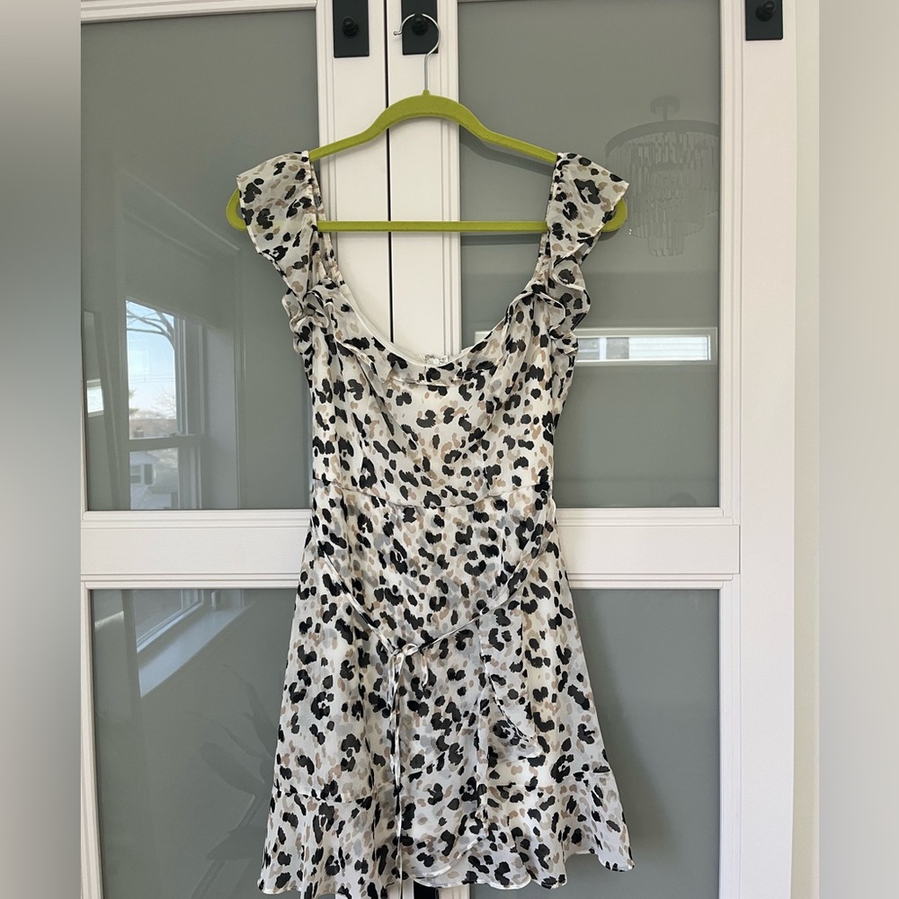 White and Black Fit and Flare Mini Dress with Flutter Cap Sleeves